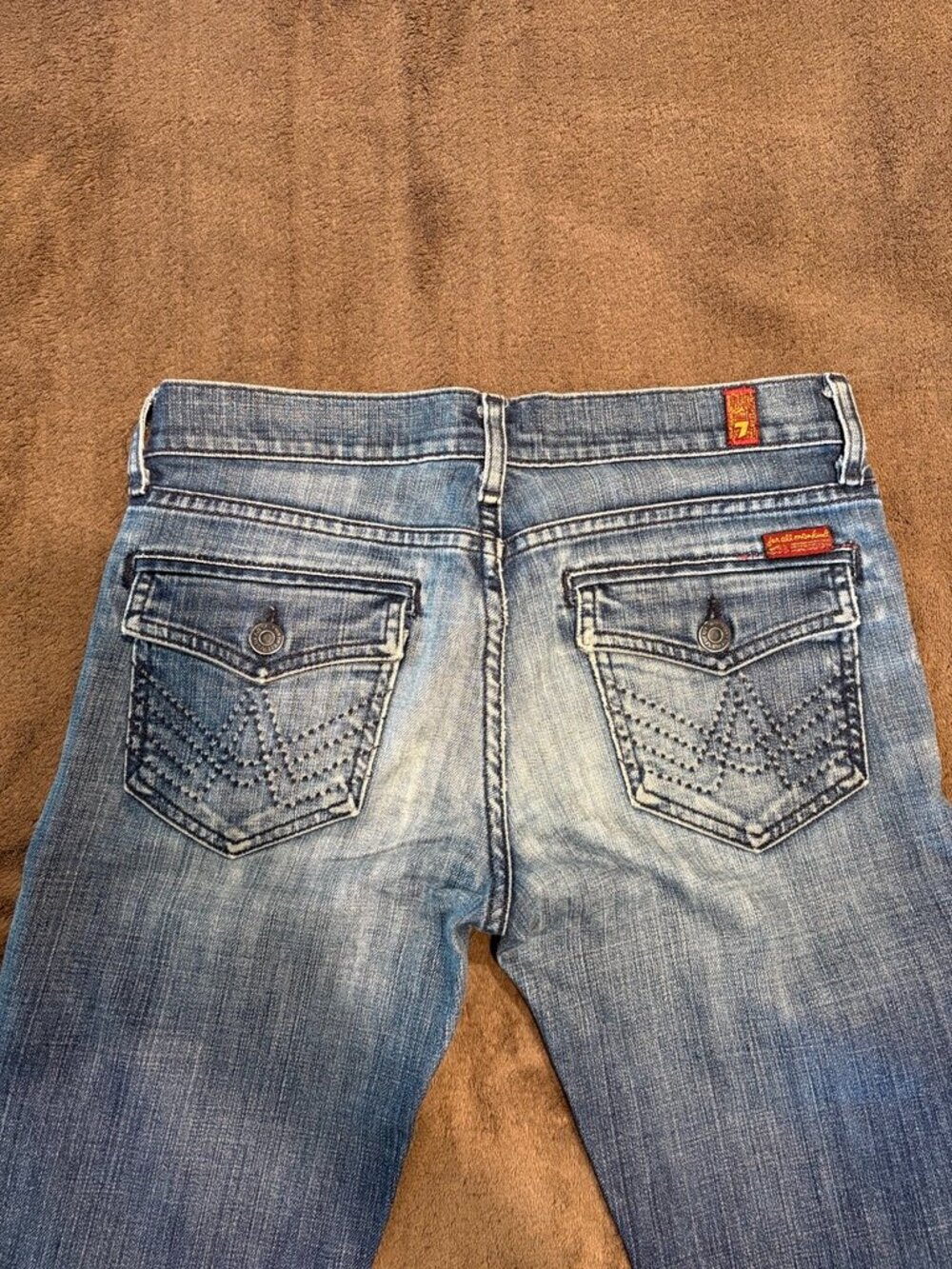 7 For All Mankind Flap A Pocket Flare Jeans Size 27 Medium Wash Distressed Hem